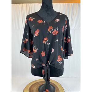 Lush Krisantha XL Black Coral Floral Tie Front Blouse NWT Boho Festival Top
